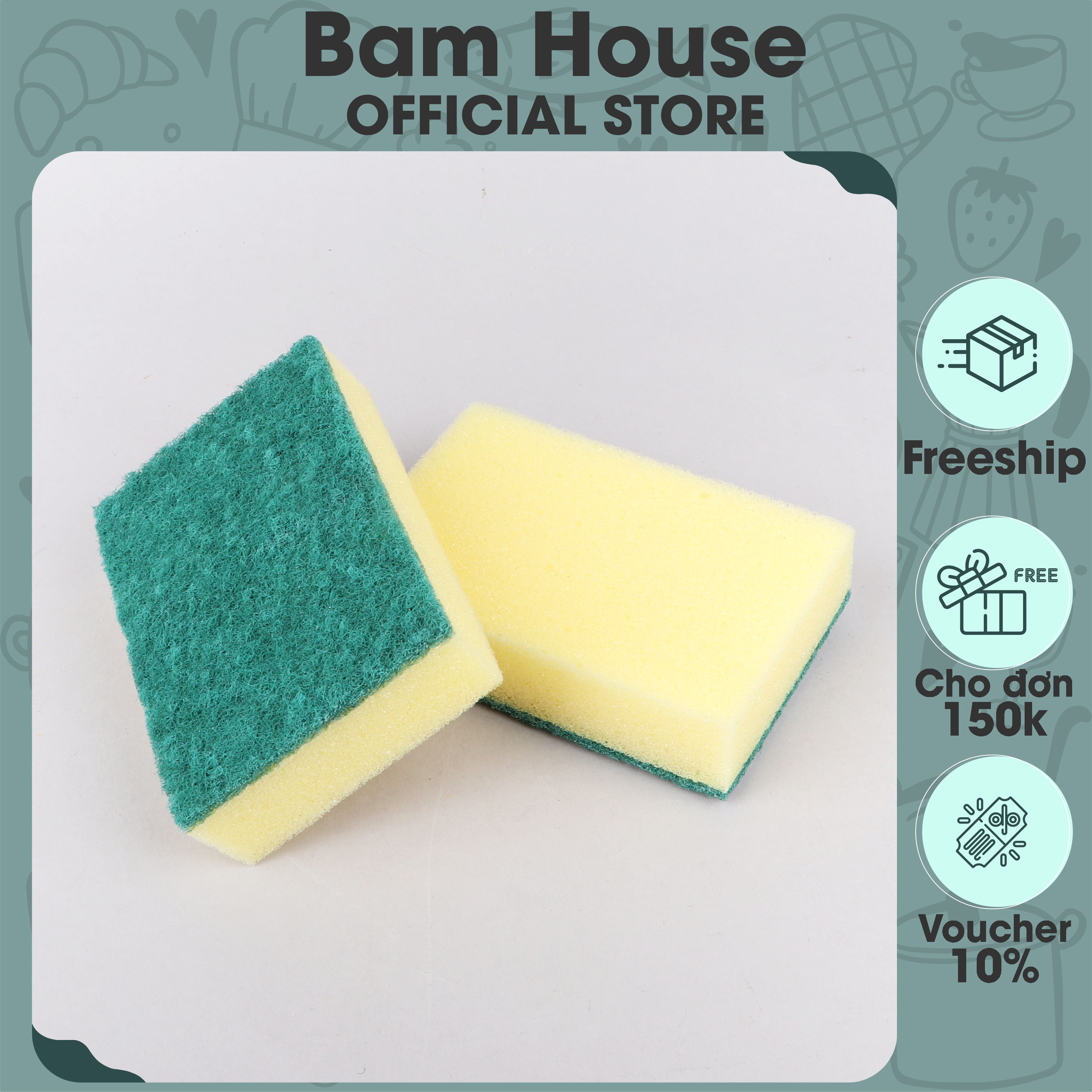 Cước rửa chén 2 lớp Bam House có mút tạo bọt chuyên rửa chén bát cao cấp MRC03 - Mút rửa chén Miếng rửa chén