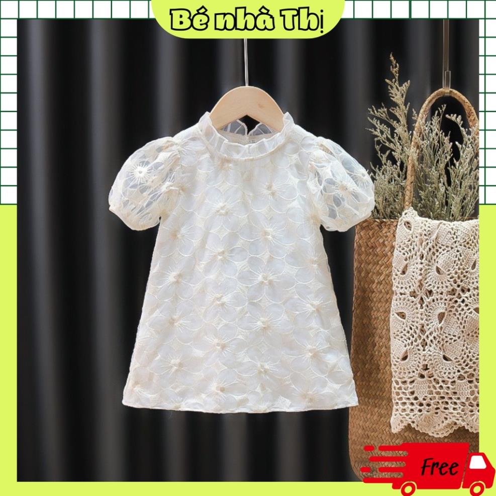 Váy bé gái dáng xòe chữ a tay bồng phối ren vx12 - bé nhà thị