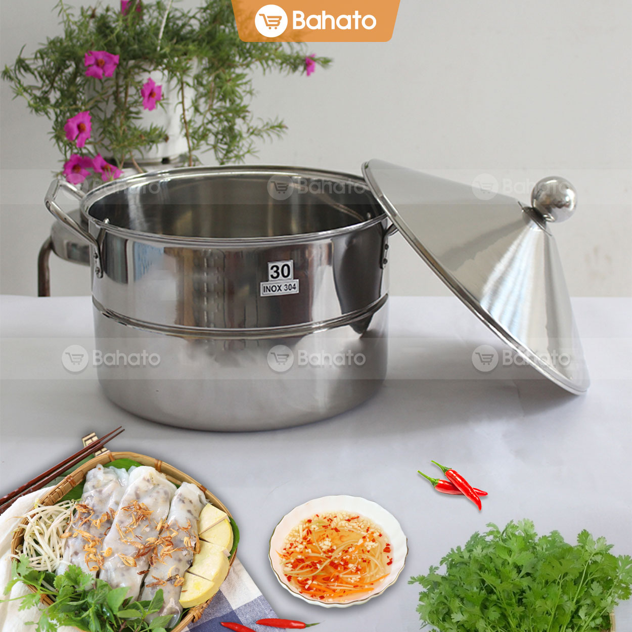 Nồi tráng bánh cuốn 30cm (13.8 lít nước) inox 304, đồ xôi, hấp gà, bánh bao