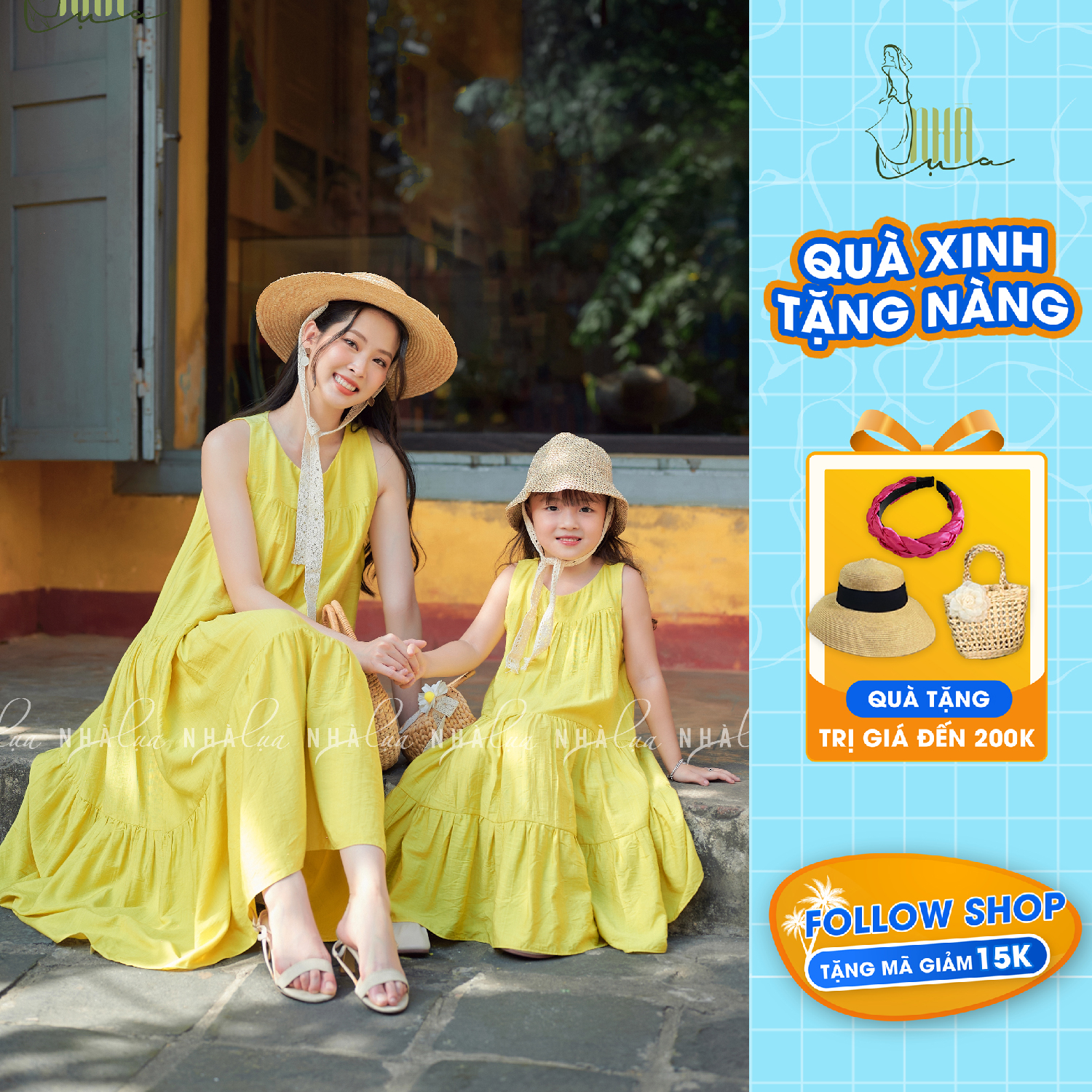 Váy đôi maxi mẹ và bé gái vải tơ Nhật Bích Điệp, Đầm maxi nữ đồ đôi mẹ con dáng suông form rộng - Nhà Lụa