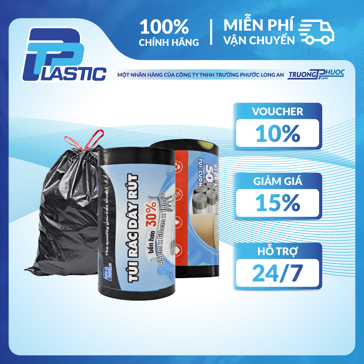 Túi PP Nhựa -Cuộn 100 Túi Đựng Rác Dây Rút TP Plastic, Đạt chuẩn xuất khẩu