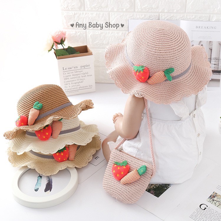 Set mũ cói kèm túi thời trang đi chơi đi biển siêu yêu cho bé(3-8 tuổi)