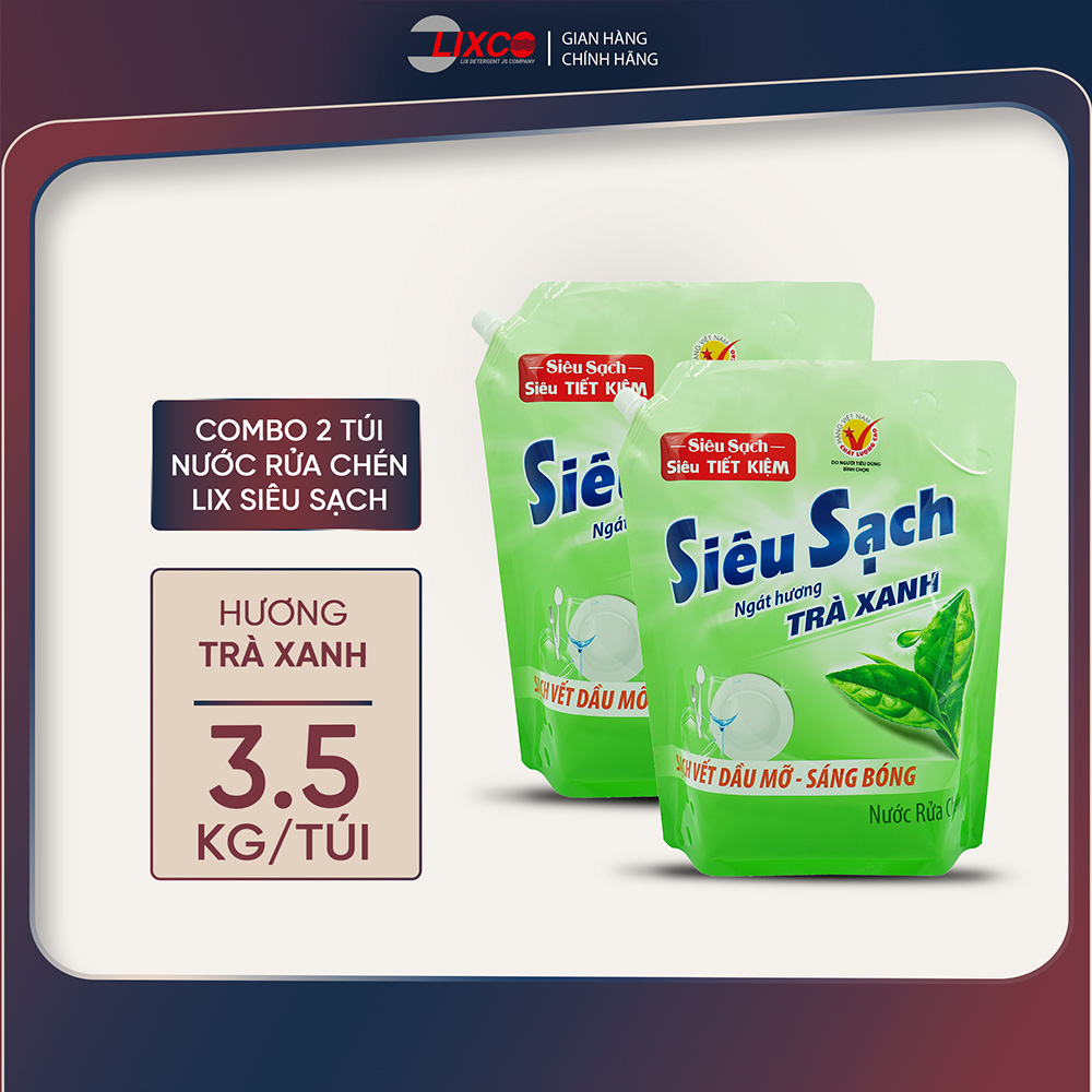  Combo 2 túi nước rửa chén LIX 3.5KG siêu sạch hương trà xanh loại túi N8101 làm sạch vết bẩn dầu mỡ không hại da tay - Lixco Việt Nam 