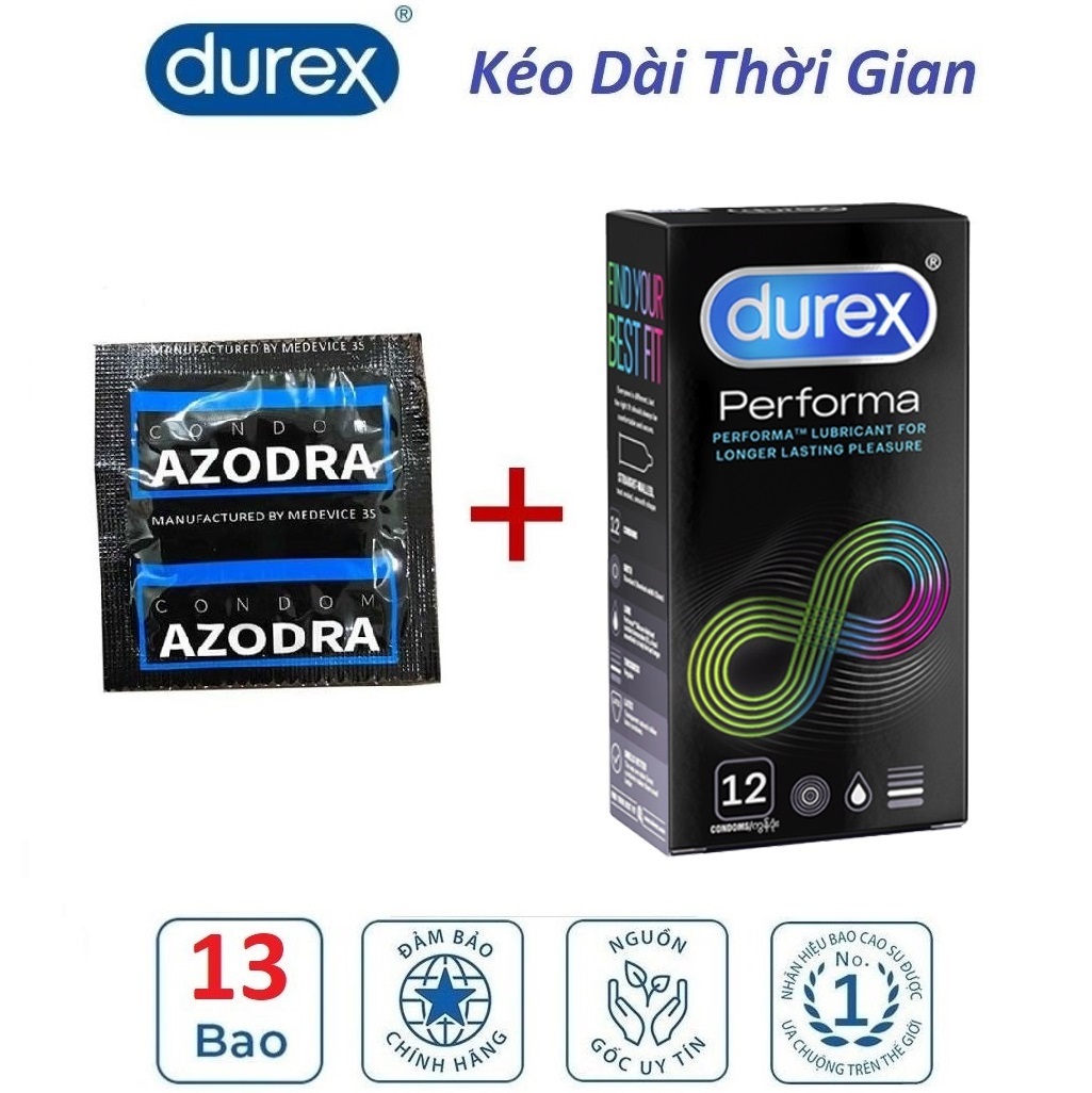 [HCM]Bao cao su Durex Performa 12s kéo dài thời gian quan hệ siêu bền tặng thêm 1 bao Azodra siêu gân
