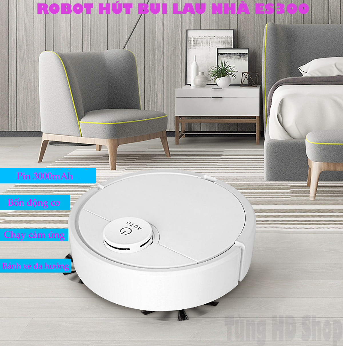 Robot hút bụi lau nhà thông minh tự động làm sạch ES300 cảm biến chạm tắt bật, làm sạch sàn nhà, rô bốt hút bụi quét nhà lau nhà làm sạch bụi bẩn, lông tóc