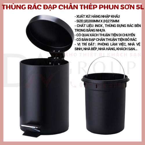 Thùng rác inox đạp chân 5 lít màu đen cao cấp