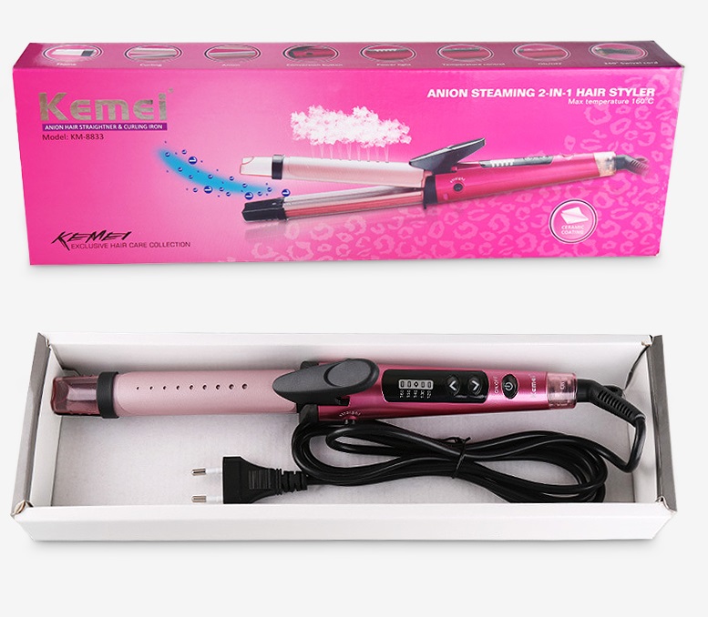 Máy Uốn Duỗi Tóc 2 in 1 Chuyên Nghiêp Có Chỉnh Nhiệt Hơi Nước Kemei Km 8833
