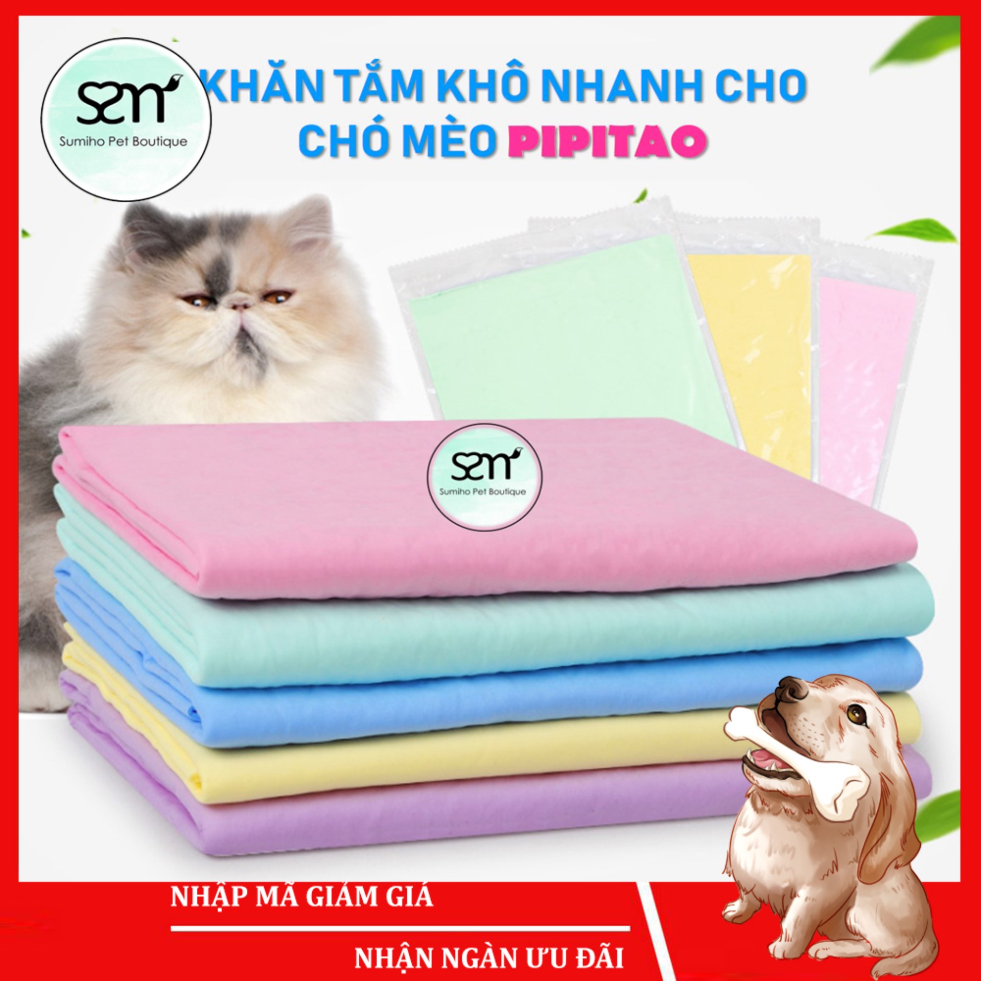 Khăn tắm khô nhanh cho chó mèo (2 size - màu ngẫu nhiên) Khăn tắm thấm nước cho thú cưng