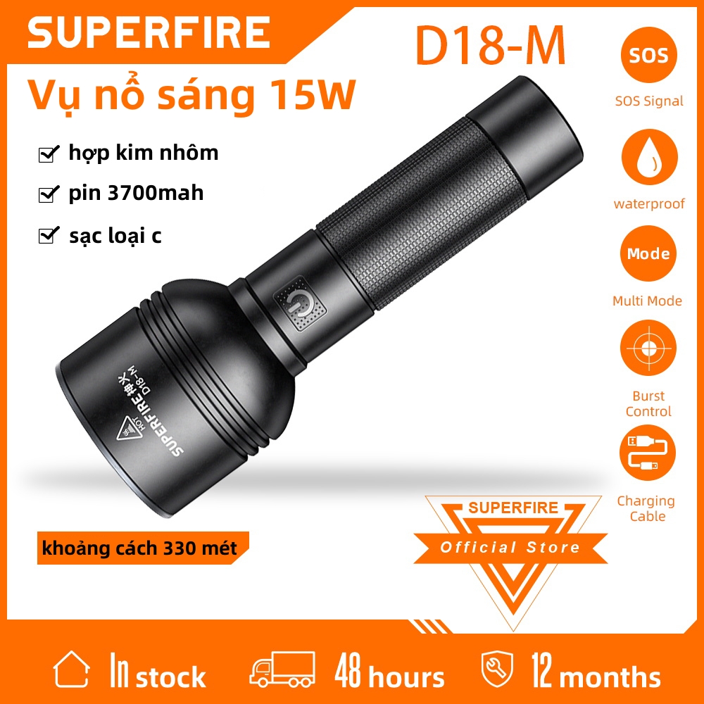 Superfire đèn pin công suất cao đèn pin sạc mạnh khẩn cấp tầm xa ngoài trời siêu sáng d18-m ánh sáng mạnh 15w