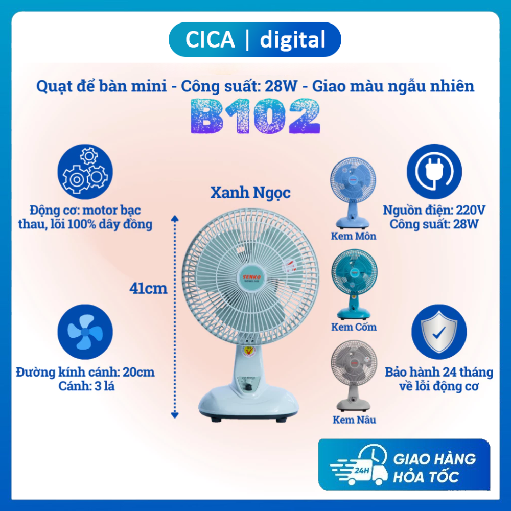 Senko B102 Mini Table Fan, 28W Capacity, 2 Wind Speeds, Compact and Easy to Move, Can Be Used in Many Locations