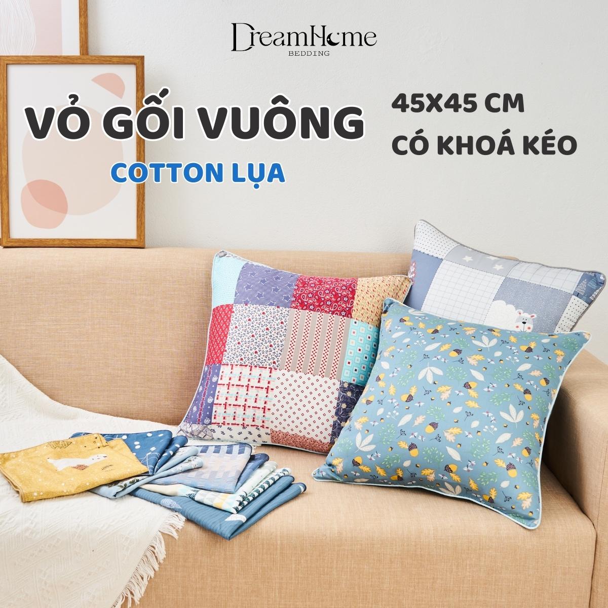 Vỏ gối vuông 45x45 Cotton Lụa, gối tựa lưng sofa có khóa kéo, trang trí, dựa lưng đầu giường, ghế vă