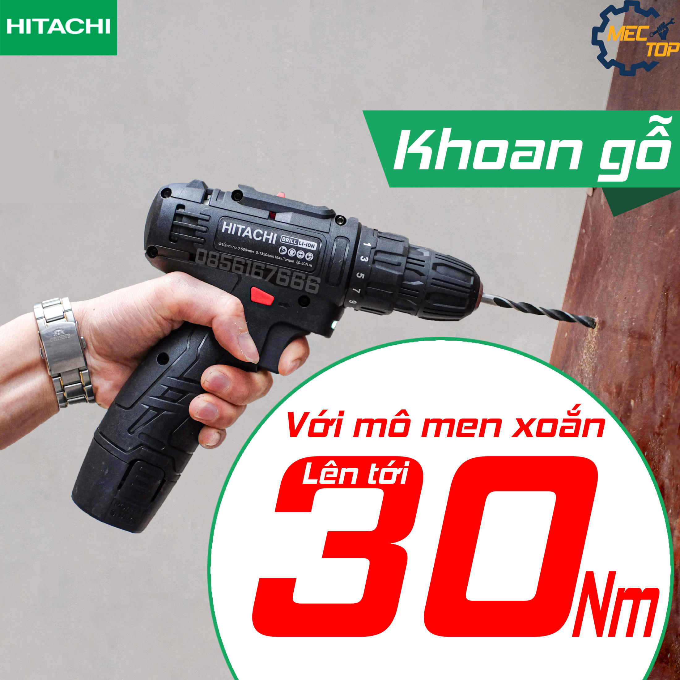 Máy bắt vít pin cầm tay Hitachi 12v 3 chức năng khoan gỗ, khoan sắt, bắt vít - 2 nấc tốc độ 18 cấp độ trượt có đèn - khoan sắt - khoan gỗ - bắn tôn - vặn ốc vít