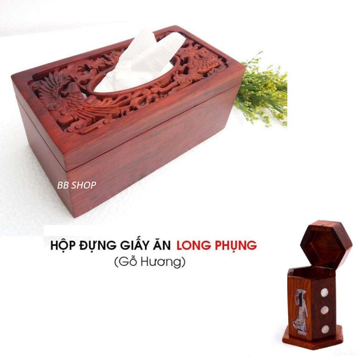 Hộp khăn giấy gỗ HƯƠNG ta đỏ tự nhiên cao cấp lọng mặt rồng phượng tặng kèm ống tăm khảm trai hình cô gái
