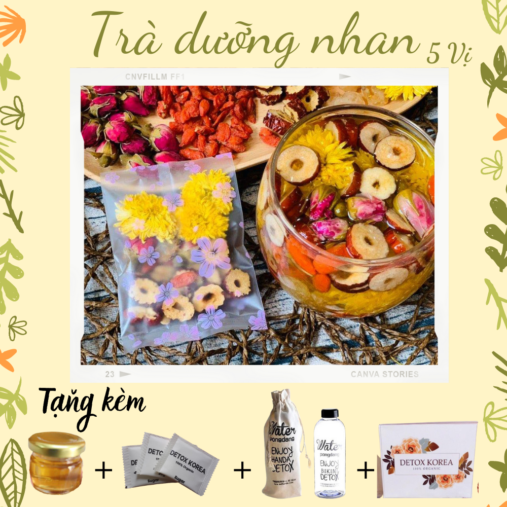 Trà dưỡng nhan 5 vị - Set 30 gói - Giúp đẹp da, giảm cân, bổ dưỡng [Tặng kèm mật ong, đường, hộp, bình 1000ml và túi vải]