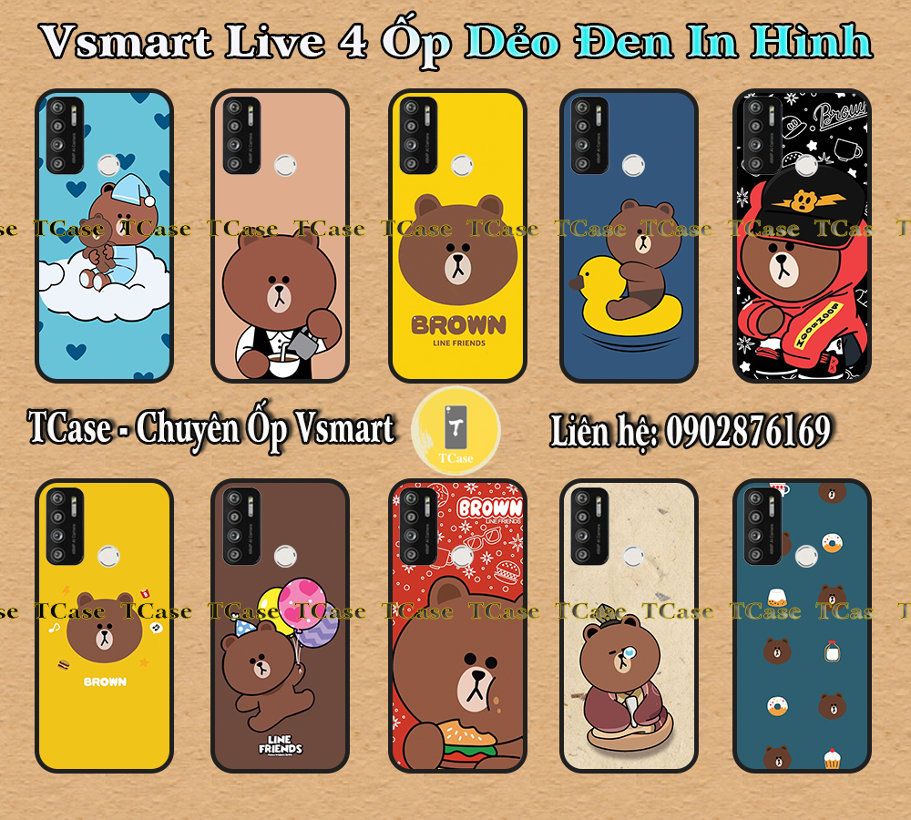 Ốp lưng Vsmart Live 4 - Ốp dẻo đen in hình Gấu Nâu Cute