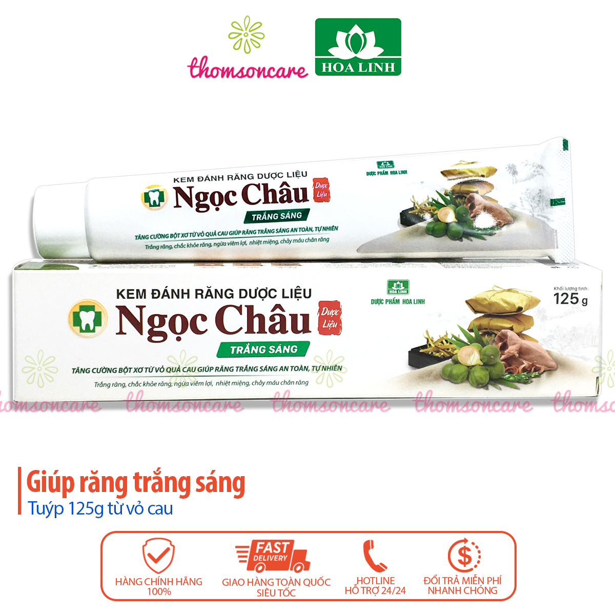 Kem đánh răng trắng sáng Ngọc Châu từ thảo dược - Mẫu mới 125g từ vỏ cau tẩy trắng răng giảm sâu răng hôi nhiệt miệng