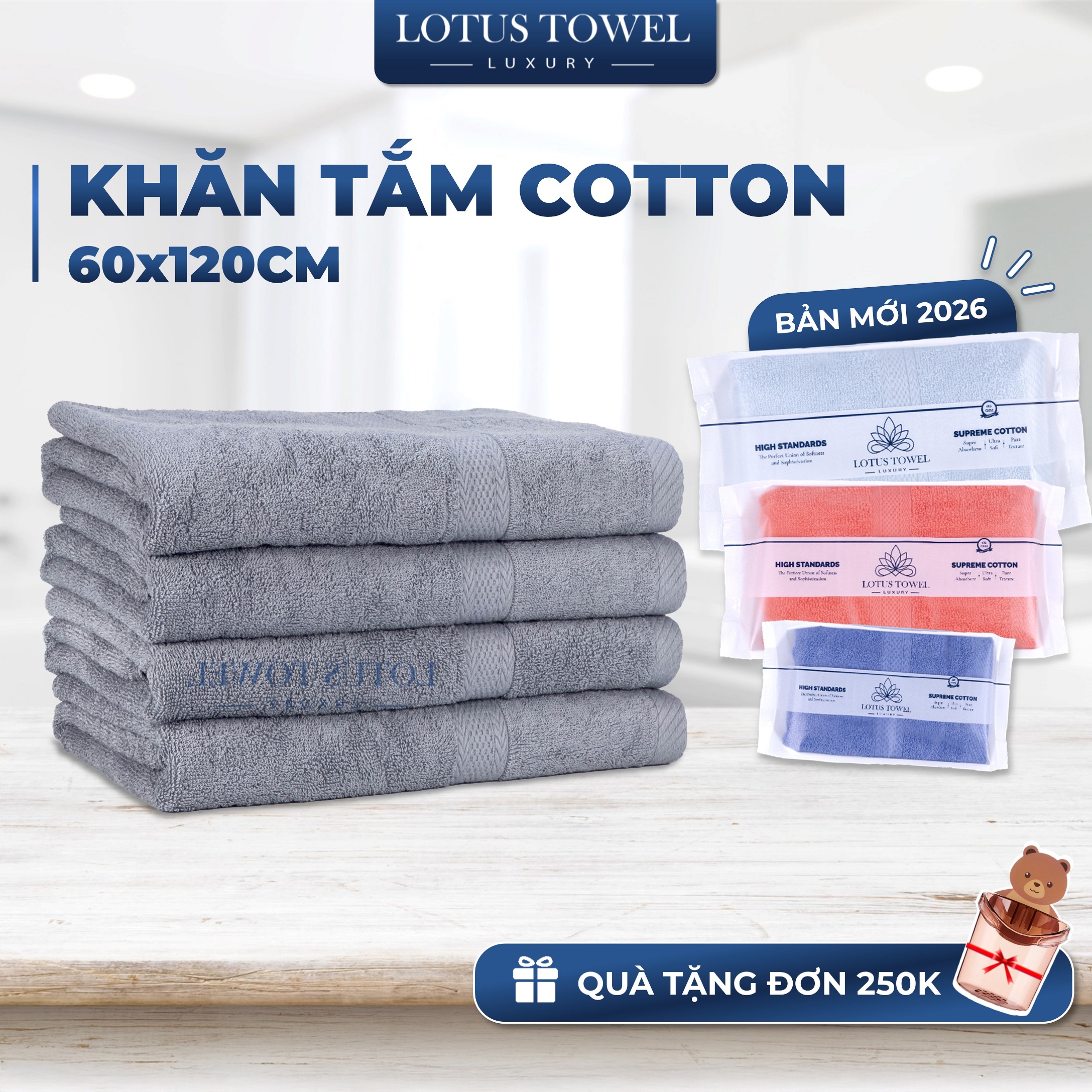 Khăn Tắm 60x120cm Châu Âu Lotus 100%, Mềm Mịn Thấm Hút Không Ra Màu