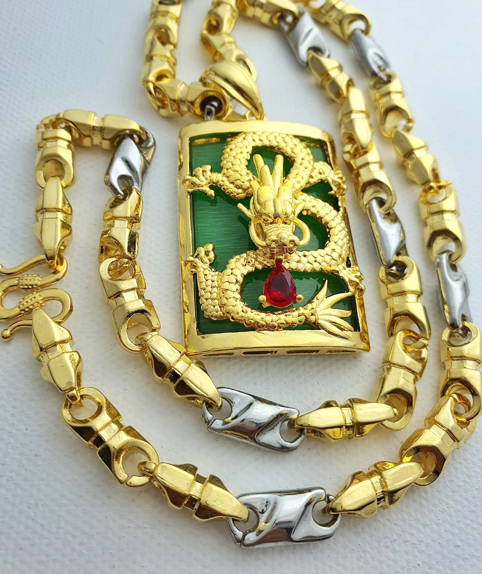 Set Dây chuyền nam 2 màu vàng trắng kèm măt rồng khiên vàng xanh