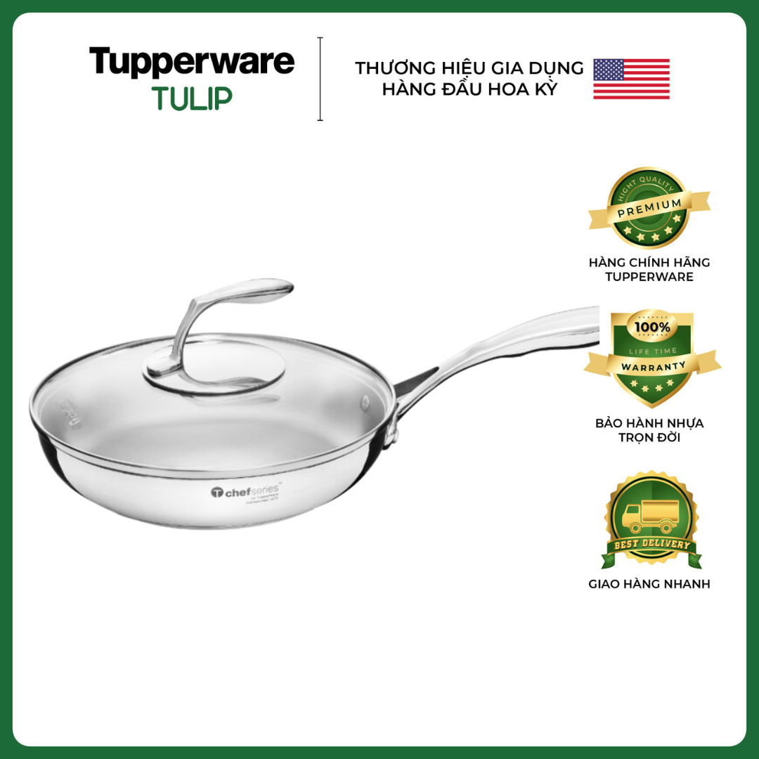 Chảo tupperware tchef series frypan nắp kính 28cm chính hãng