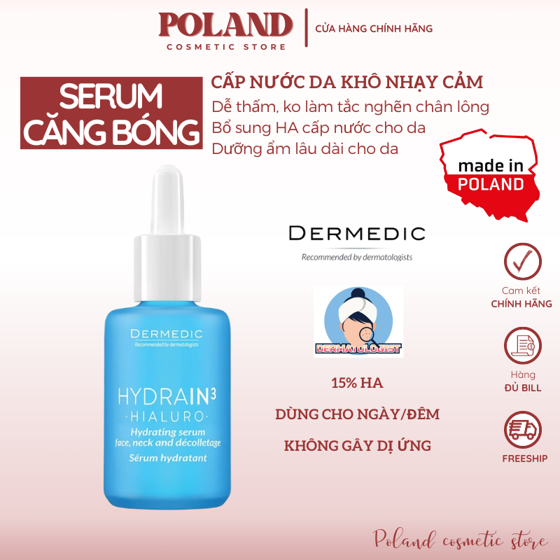 Serum Dermedic Hydrain 3, serum cấp nước dưỡng ẩm cho da căng bóng mịn màng 30ML