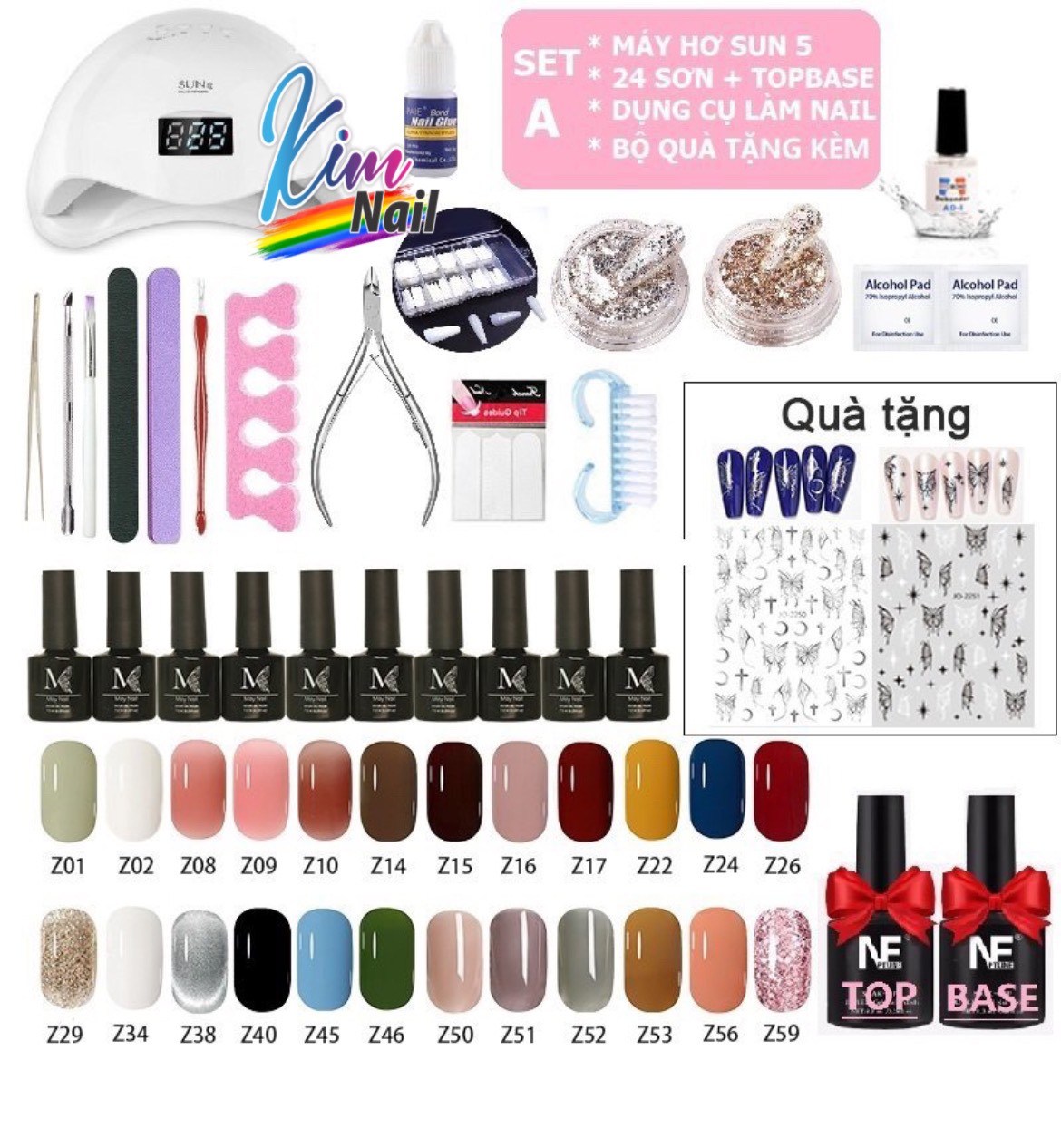 Set a, bộ làm móng ( sơn gel 24 chai + máy hơ gel sun 5 + dụng cụ làm móng + top & base & top lì sơn gel + móng giả + keo + bộ quà tặng kèm )mini tại nhà