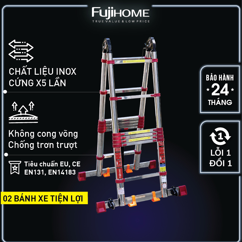 Thang inox rút chữ A Nhập Khẩu 44M - 56M gấp gọn chính hãng FUJIHOME thang rút đôi đa năng xếp gọn gia đình