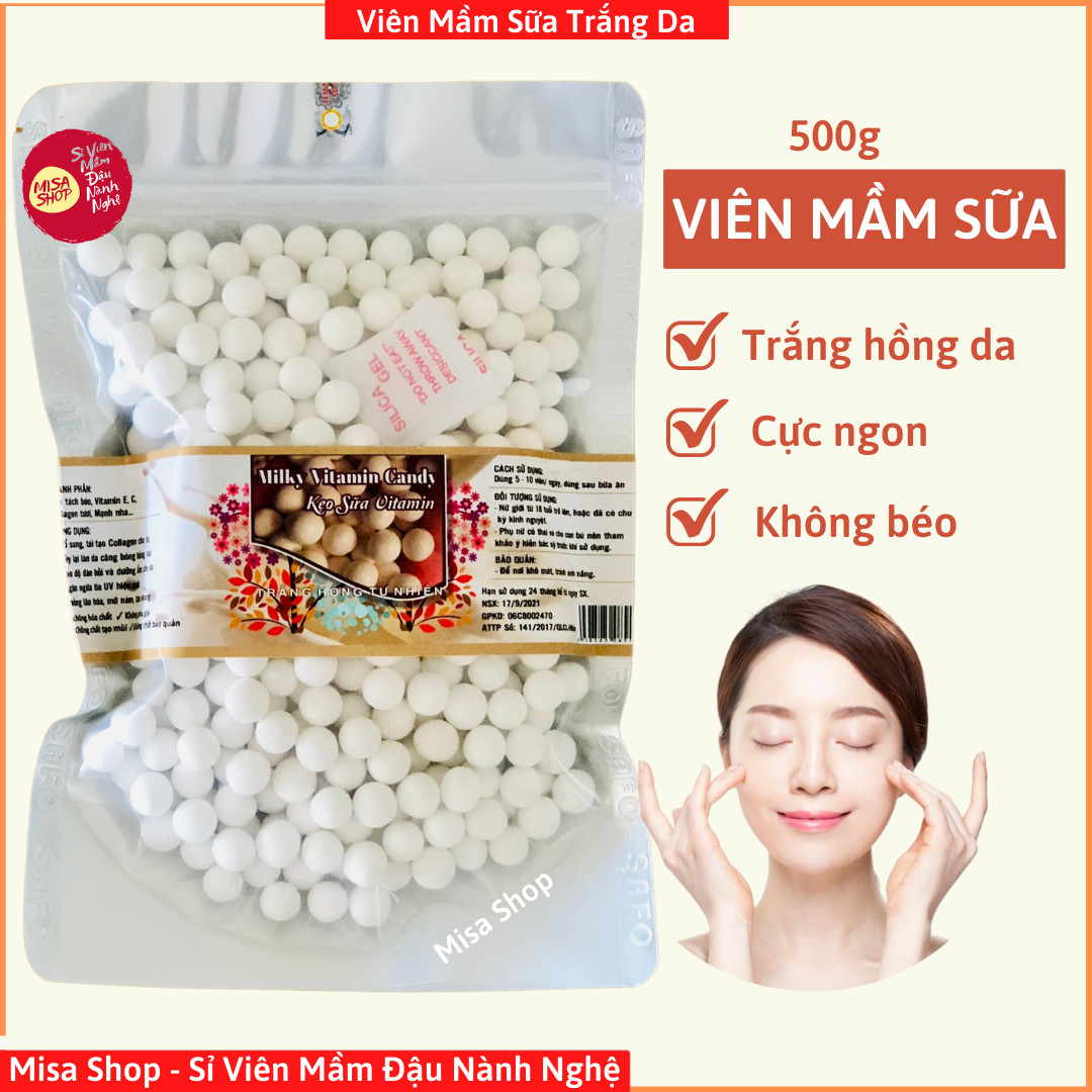 Túi 500gr viên mầm sữa (Kẹo mầm sữa Vitamin) hỗ trợ giúp da trắng hồng tự nhiên, đẹp da giảm cân, bổ sung collagen