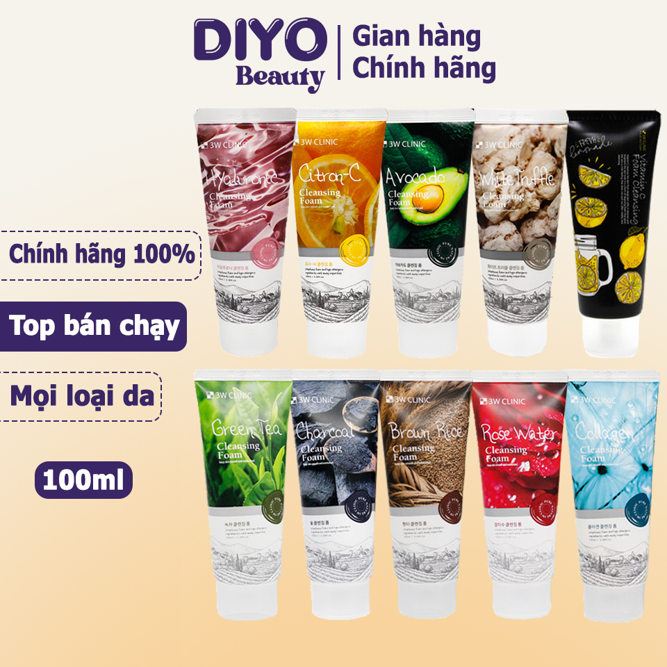 Sữa rửa mặt 3W Clinic Hàn Quốc mẫu mới nhiều loại Trà Xanh, Collagen, Hoa Hồng, Than Hoạt Tính, Gạo 100ml - DIYO Beauty