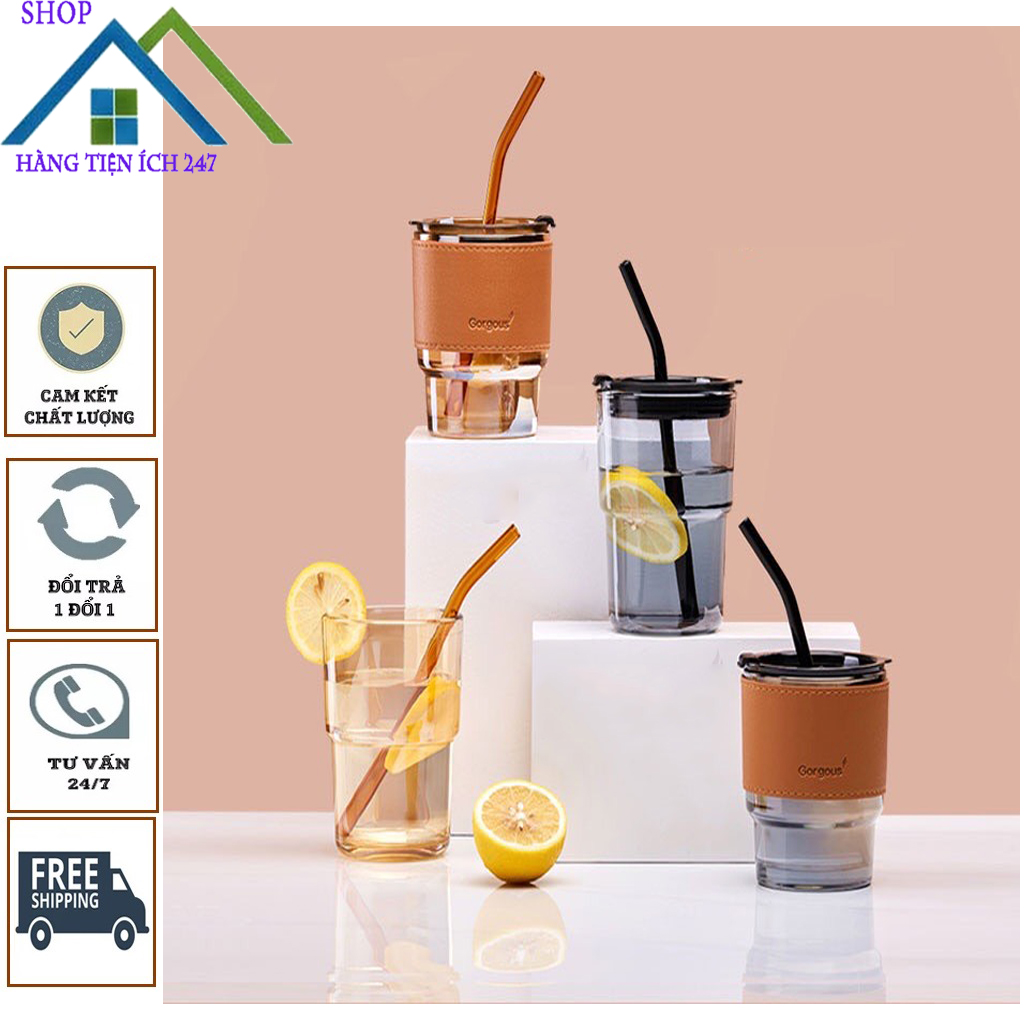 Cốc thuỷ tinh vỏ da có nắp và ống hút, ly uống nước đẹp dung tích 450ml