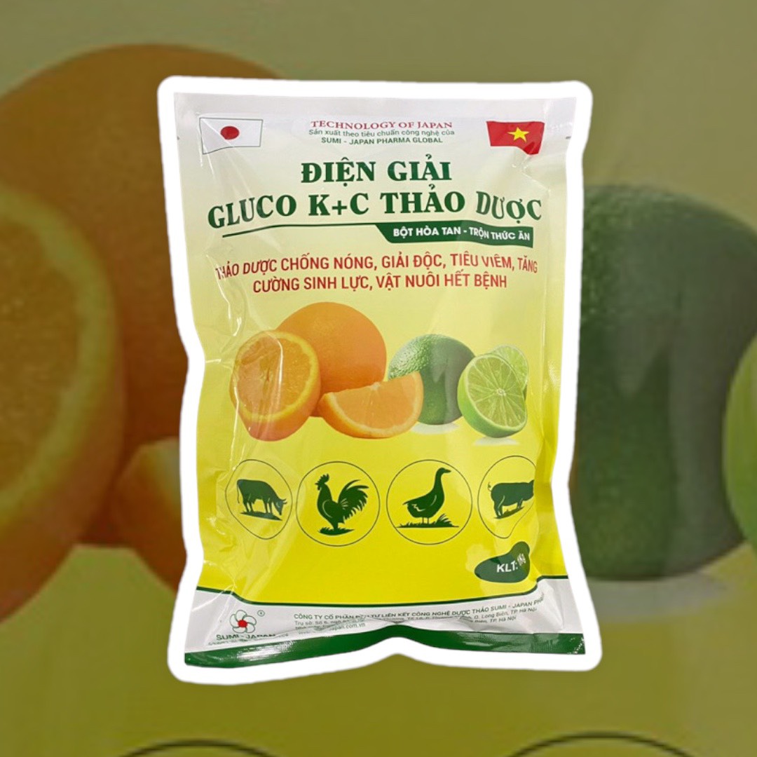 1kg gói điện giải gluco-k-c thảo dược cung cấp điện giải, khoáng, vitamin c,k bù nước giảm sốc nhiệt cho heo, bò, gà, vịt