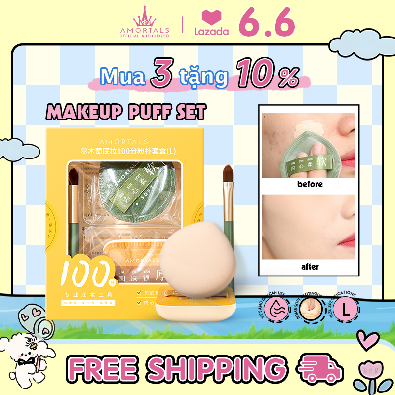 Amortals Bộ Mút Trang Điểm Ướt Và Khô Đa Năng Tiện Dụng Hộp air cushion +2 XL Mút trang điểm  mềm mại tiện dụng Chính Hãng 100 points Kẹo dẻo Kích thước siêu mềm và lớn Bọt trang điểm