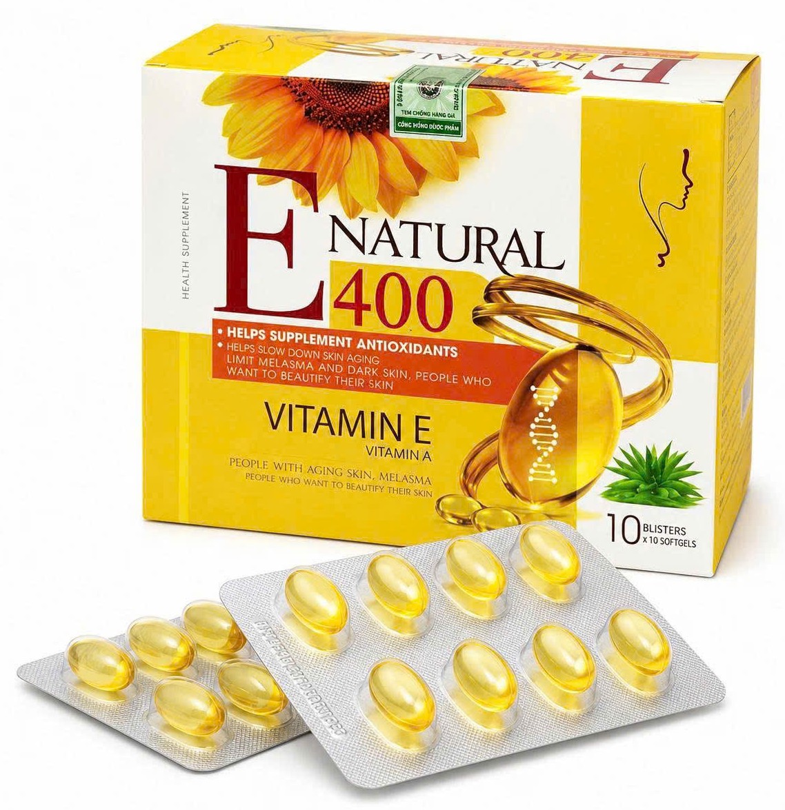 E Natural 400 Vitamin E 400 Natural Helps Lighten Dark Spots, Prevent Aging, Brighten and Smooth Skin, and Naturally Brighten Skin with Aloe Vera Essence.