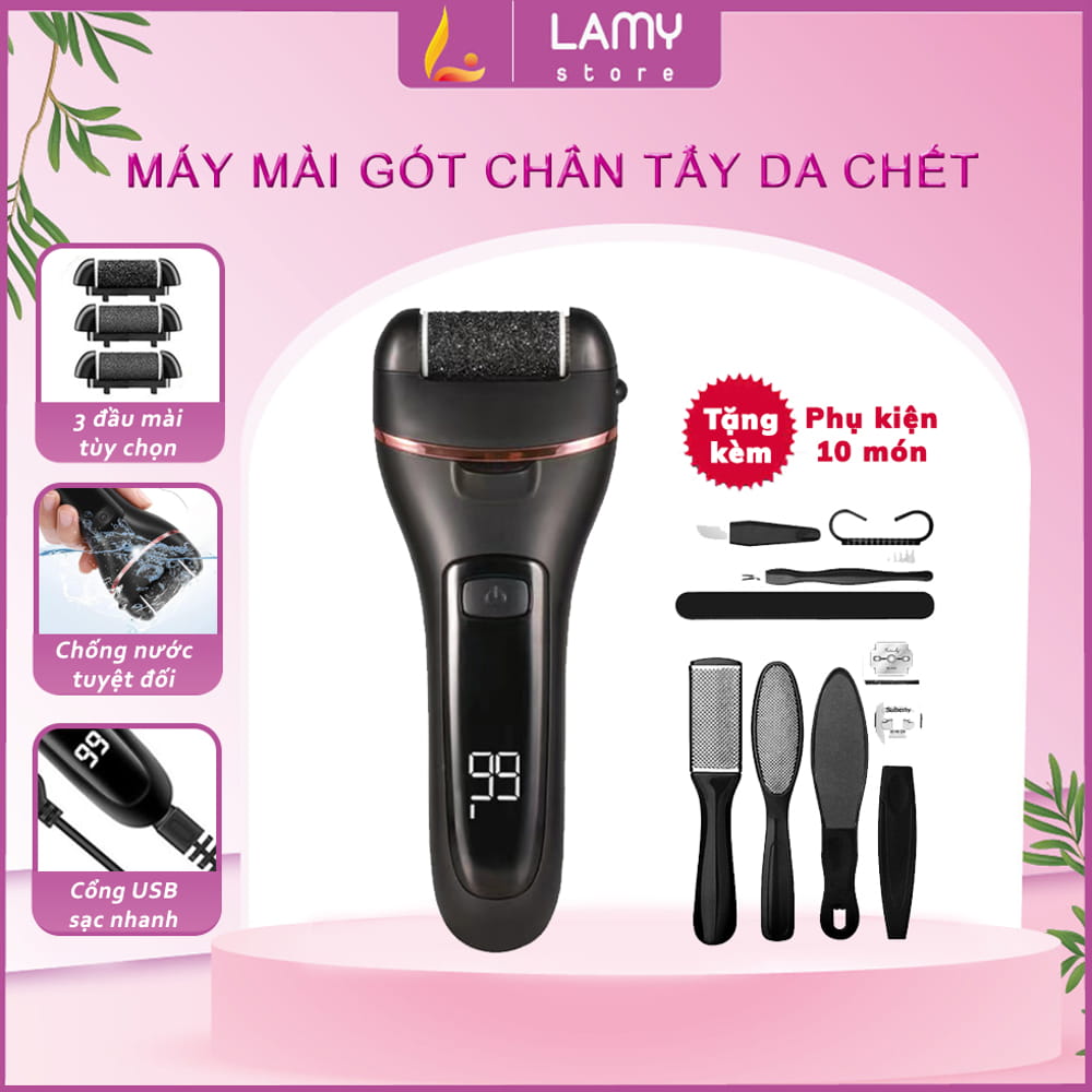 Máy chà gót chân, máy mài gót chân tẩy tế bào chết sạc điện 2 tốc độ + tặng bộ dụng cụ chà gót chân 10 món