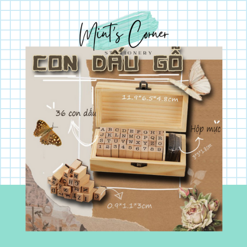 ⚡⚡ NEW ⚡⚡ Hộp 36 Con Dấu Gỗ Khắc Chữ Cái Và Số Kiểu Cố Điển + Hộp Mực Dùng Trang Trí Sổ Tay, Nhật Ký