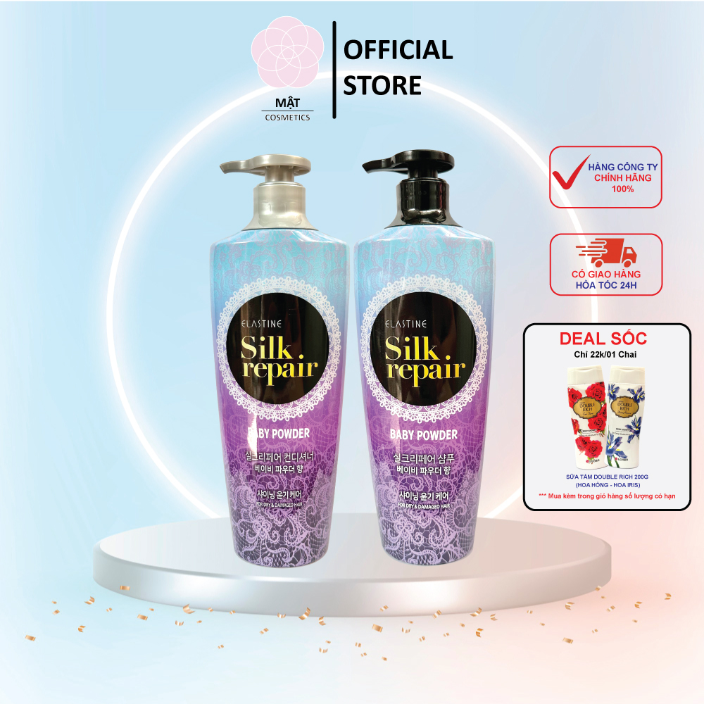 Combo Dầu gội xả nước hoa Hàn Quốc Elastine Silk Repair Phấn Em Bé 550ml