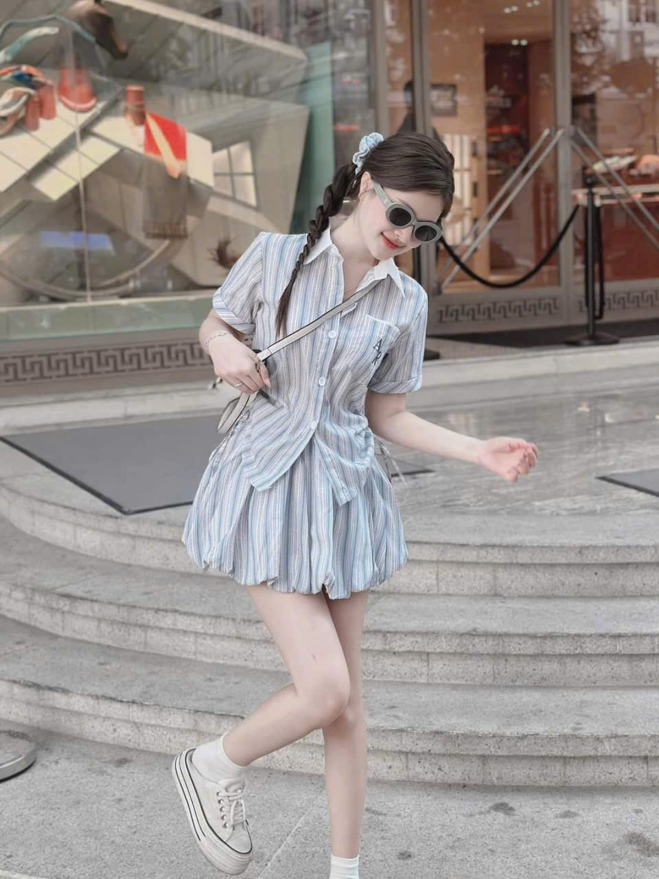 Set bộ thời trang nữ chất lennin áo sơ mi ngắn tay có túi áo rút dây mix quần đùi ống rộng phong cách dịu dàng