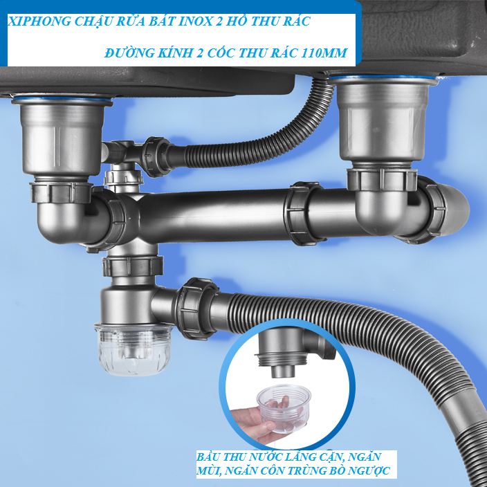 Xiphong dùng cho chậu rửa bát inox 2 hố, 2 thoát tràn,kèm van nối thải máy lọc nước RO