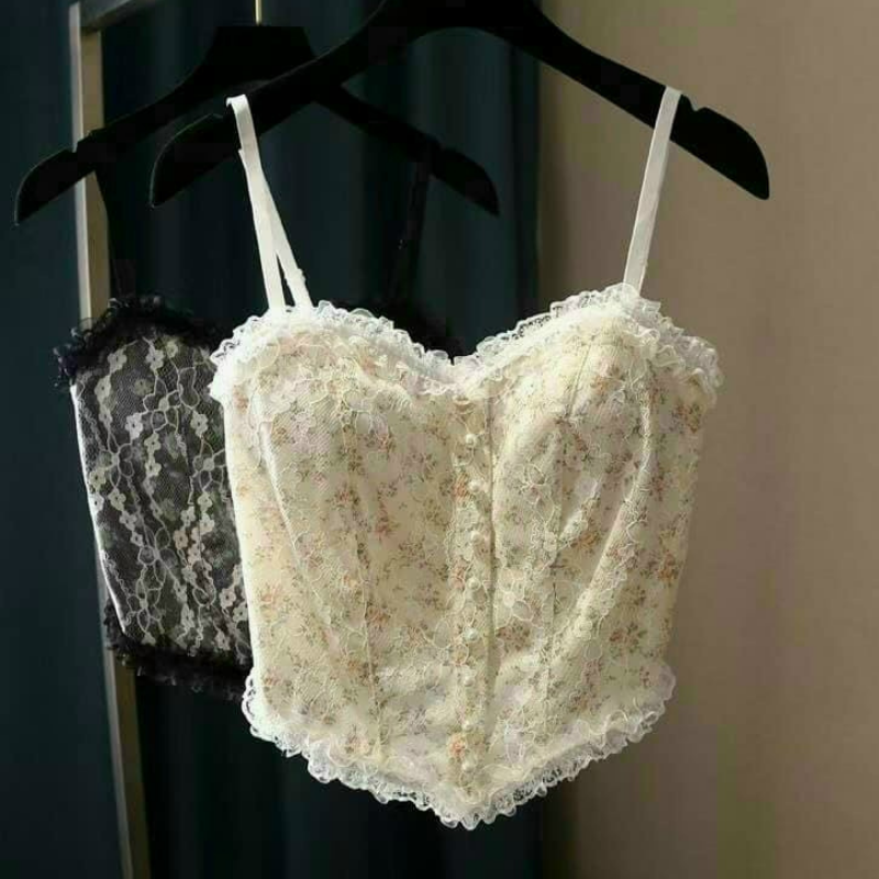 Áo croptop nữ hoa nhí phối ren cực hot - rút nhúng lưng nên mặc rất thoải mái - áo 2 dây nữ - Br15