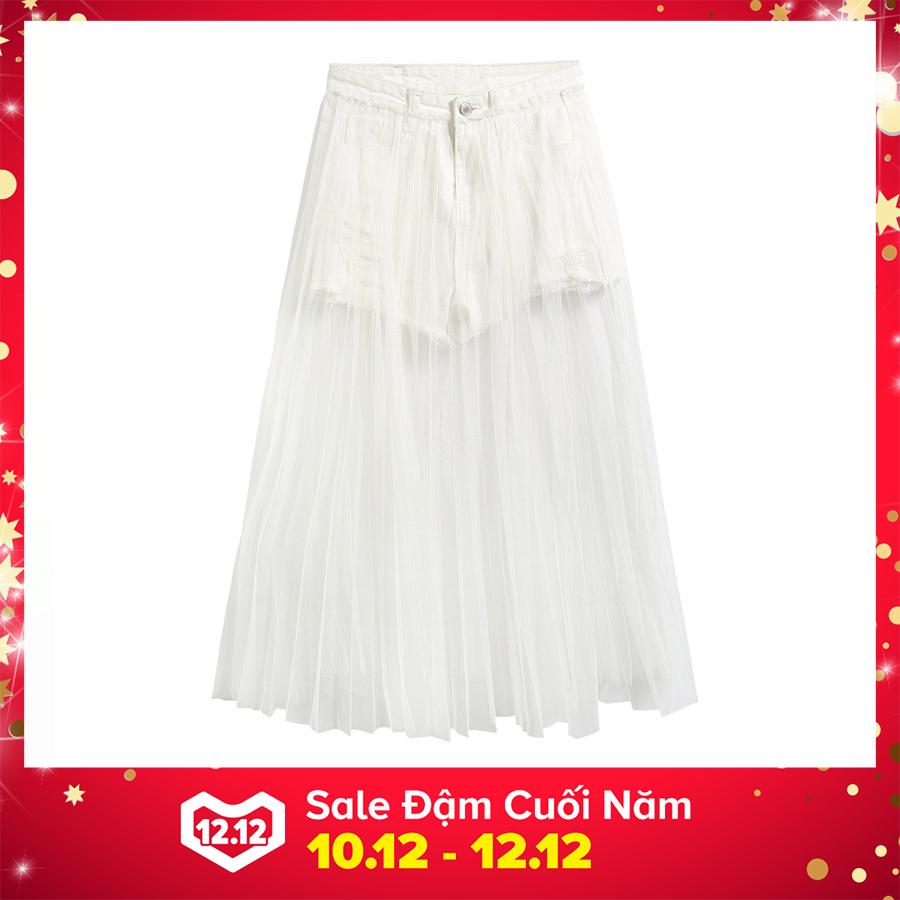Chân váy jean quần phối ren beri trắng - cv022