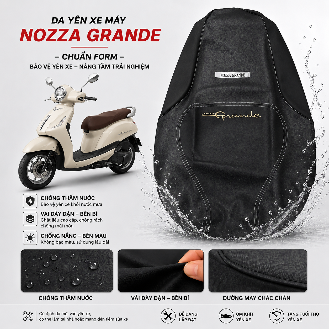 Da bọc yên xe máy Nozza Grande 2013 - 2026 - Vải Dày - Chống Nắng Mưa - Bền Bỉ -Bảo Vệ Yên Xe