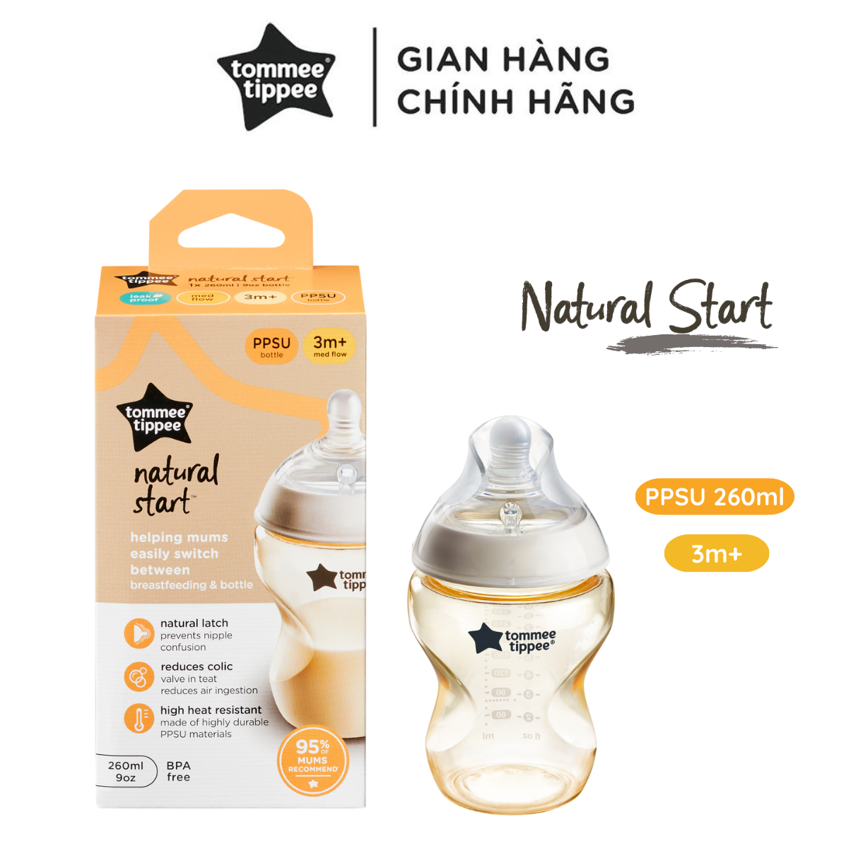 Bình Sữa PPSU Ty Siêu Mềm Tự Nhiên Tommee Tippee Natural Start 260ml, Núm Ty Của Bình 3-6 Tháng