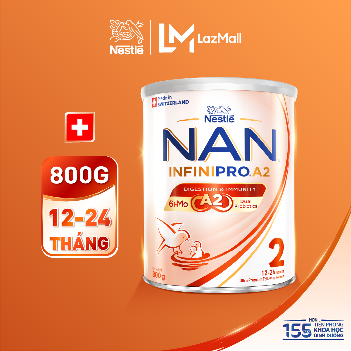 Sữa bột Nestle NAN INFINIPRO A2 bước 2 800g nhập khẩu Thụy Sĩ với công thức đầu tiên chứa đạm A2, 6HMO  Lợi khuẩn kép cho bé 12-24 tháng