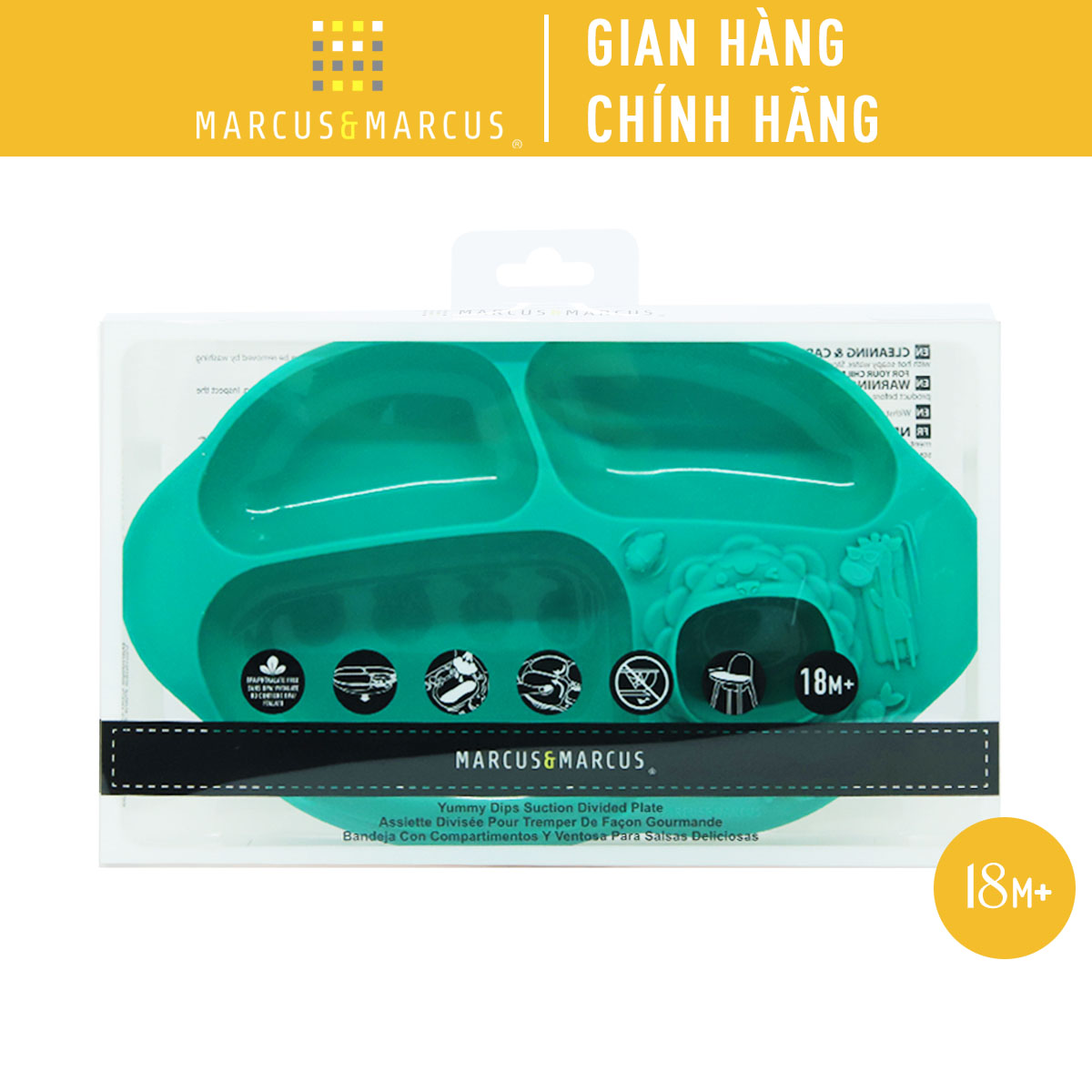 Đĩa ăn dặm silicon chia ngăn có đế hút chân không chống đổ Yummy Marcus & Marcus, cho bé từ 18 tháng - Ollie