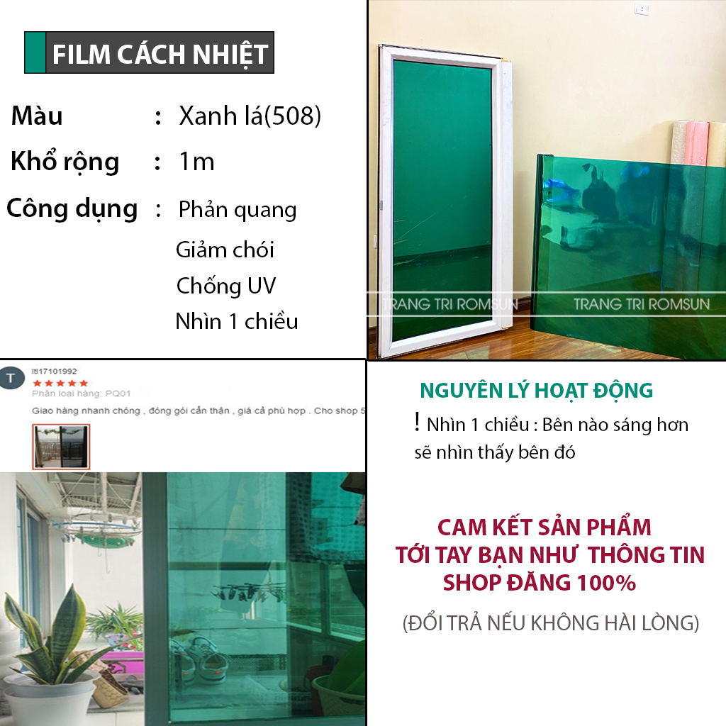 Giấy Dán Kính Phản Quang Cách Nhiệt khổ 100cm, Phim dán kính 1 chiều chống nắng xanh lá S508