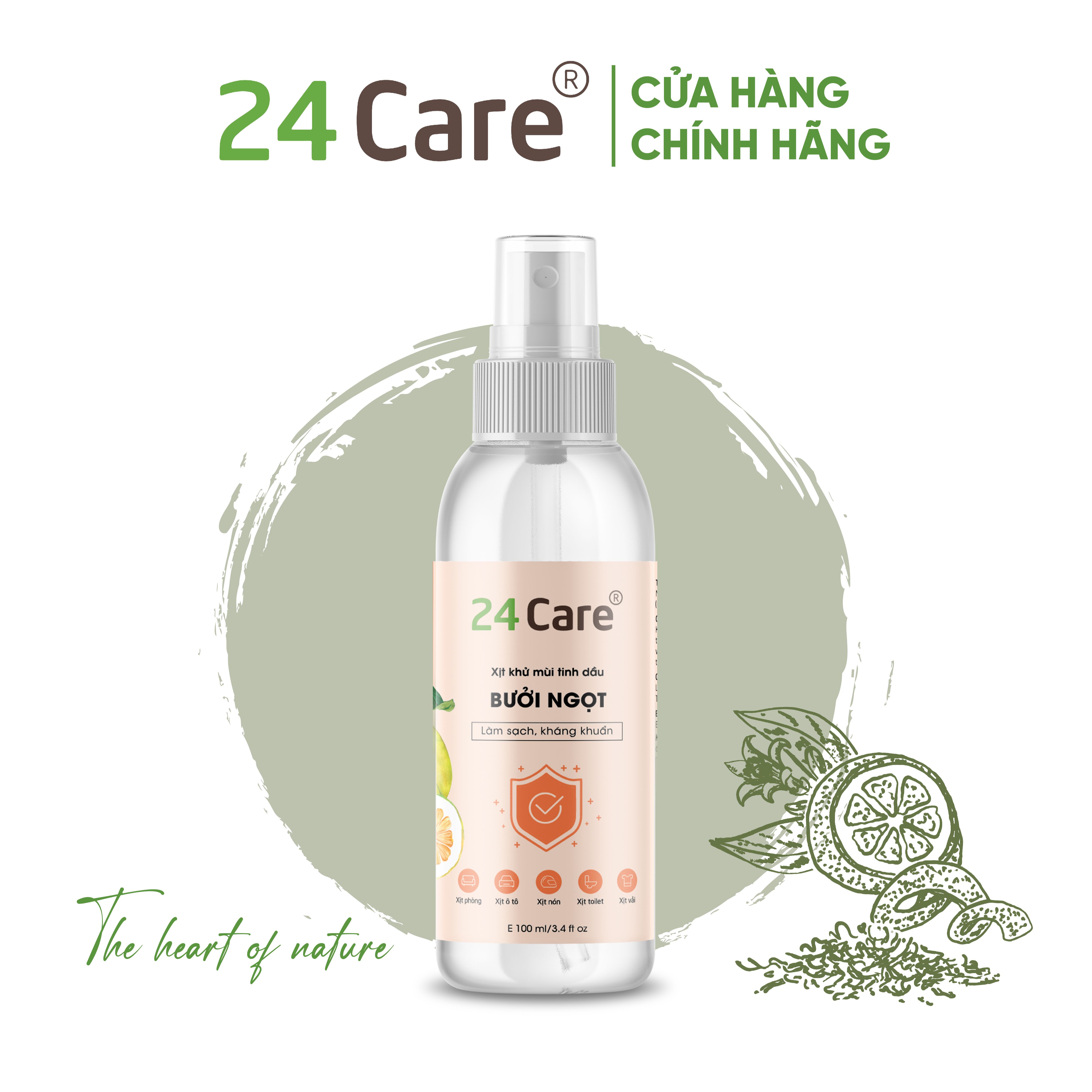 Xịt Phòng Tinh Dầu Bưởi Ngọt Hữu Cơ Organic 24Care 50ML/100ML/250ML - Kháng khuẩn - Khử mùi hôi - Đuổi muỗi - côn trùng - Xịt không gian bàn ăn, giúp ăn ngon miệng hơn - Hương thơm thư giãn.