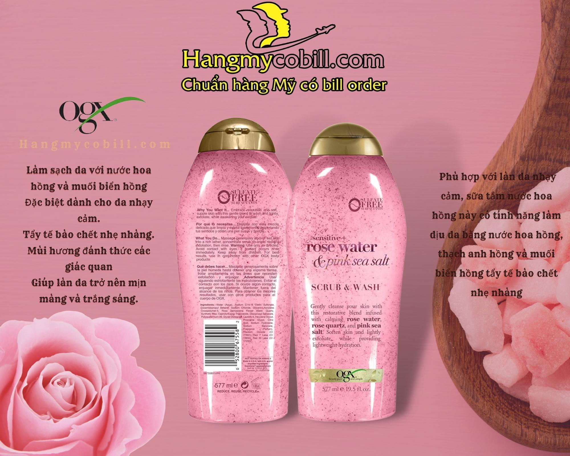 ( có bill nhập) Sữa tắm Tẩy Tế Bào Chết Muối Hồng OGX - hàng Mỹ