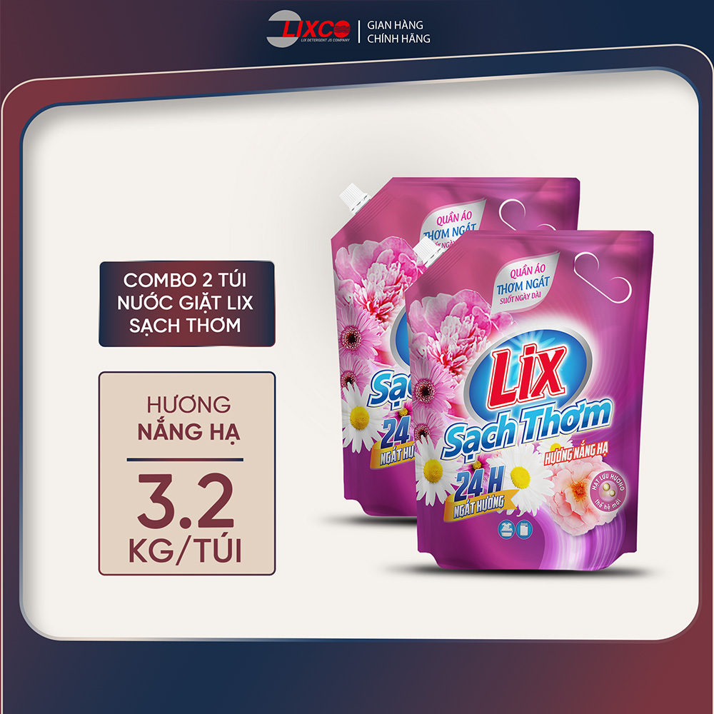 Combo 2 túi nước giặt Lix sạch thơm hương nắng hạ 3.2kg 2C-N7310 chứa hạt lưu hương thơm hơn Lixco Việt Nam