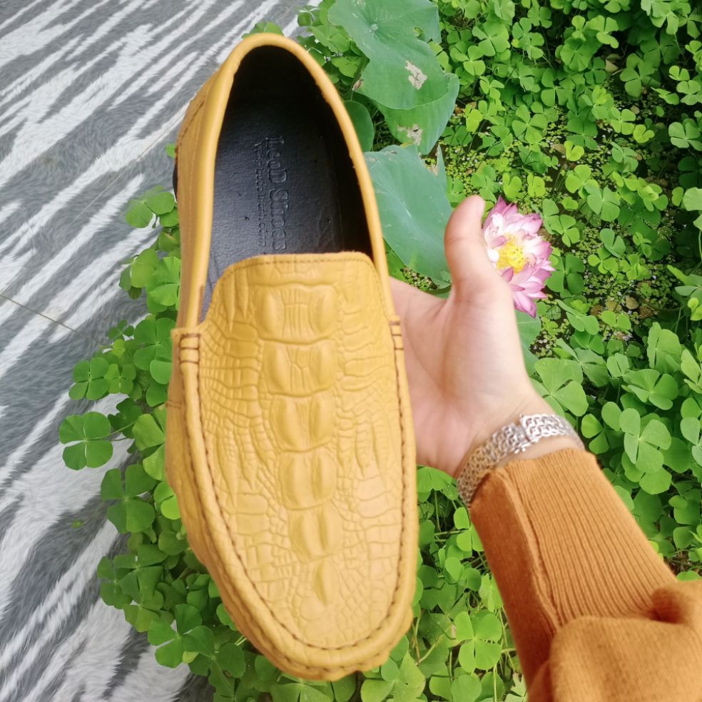 Giầy lười da bò màu vàng quý tộc giầy mọi nam cao cấp êm mềm bền độc lạ