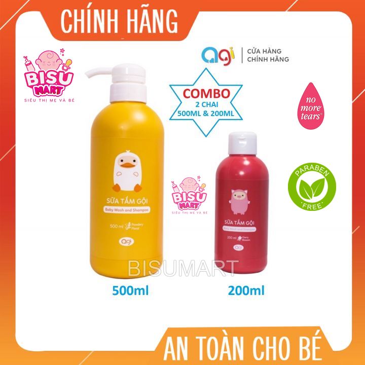 Combo 2 chai Sữa tắm gội Agi 2 in 1 200ml - 500ml