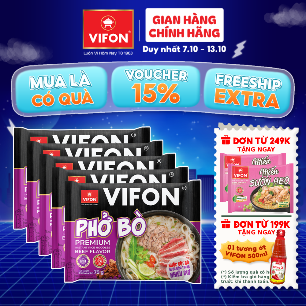 [VOUCHER 15%] Set 5 gói Phở Có Gói Sốt Thịt Bò/ Gà 75g VIFON